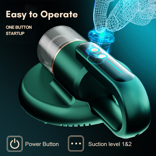 Dark blue handheld bed vacuum cleaner with clear dustbin, gold accents, and illuminated control panel on a charging base. - Image 10