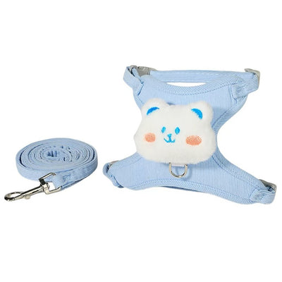Pink corduroy pet harness and leash set with a white plush rabbit design, shown with a size chart. - Image 5