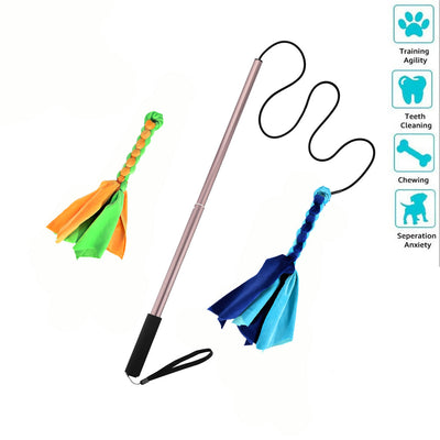 Black telescopic pet training rod with a black cord and two interchangeable braided fabric attachments in green/yellow and blue. - Image 14