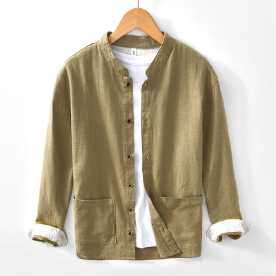 Camisa Lino Cuello Mao Manga Larga Transpirable Estilo Asiático para Hombre - Image 7