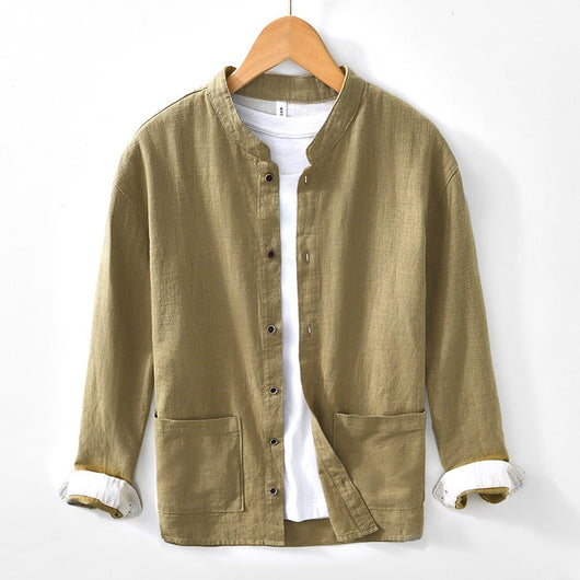 Camisa Lino Cuello Mao Manga Larga Transpirable Estilo Asiático para Hombre - Image 7