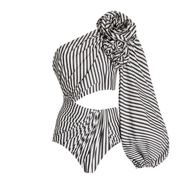 Black and white striped one-piece swimsuit with one-shoulder design, floral appliqué, balloon sleeve, and waist cut-outs. - Image 3
