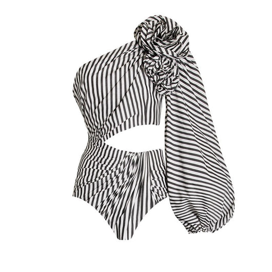 Black and white striped one-piece swimsuit with one-shoulder design, floral appliqué, balloon sleeve, and waist cut-outs. - Image 3