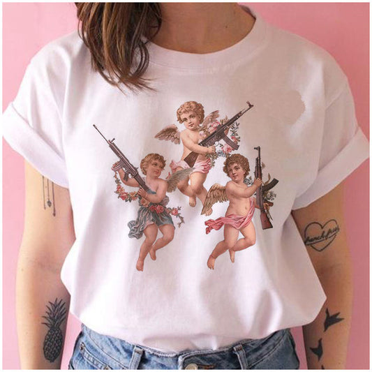 Playera Manga Corta Estampado Ángel Bebé Lindo para Mujer