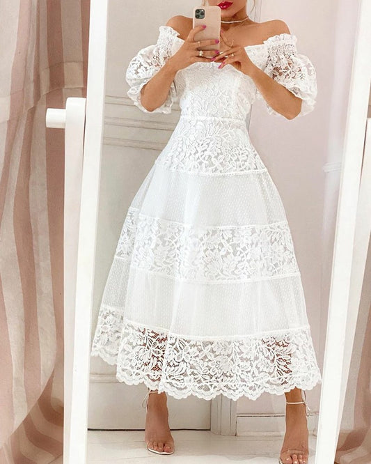 Vestido Largo Elegante con Escote en V y Mangas Abullonadas - Image 2