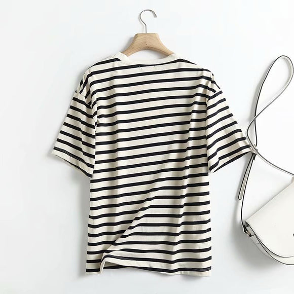 Camiseta de Rayas Marineras Cuello Redondo Manga Corta