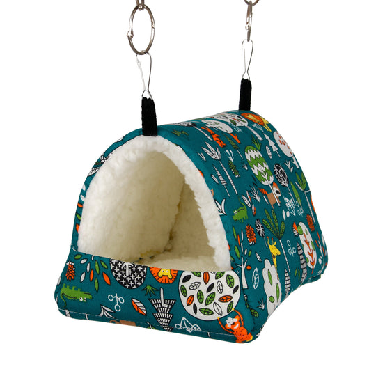 Teal cotton pet nest with a colorful forest pattern, lined with white plush, designed for small birds or parrots. - Image 15