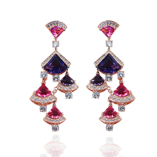 Aretes Largos de Abanico Dorado Rosa para Noche