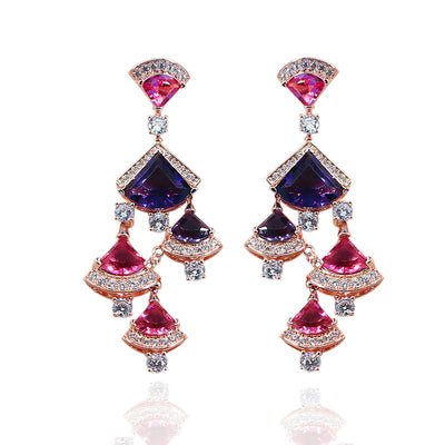 Aretes Largos de Abanico Dorado Rosa para Noche