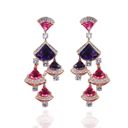 Aretes Largos de Abanico Dorado Rosa para Noche