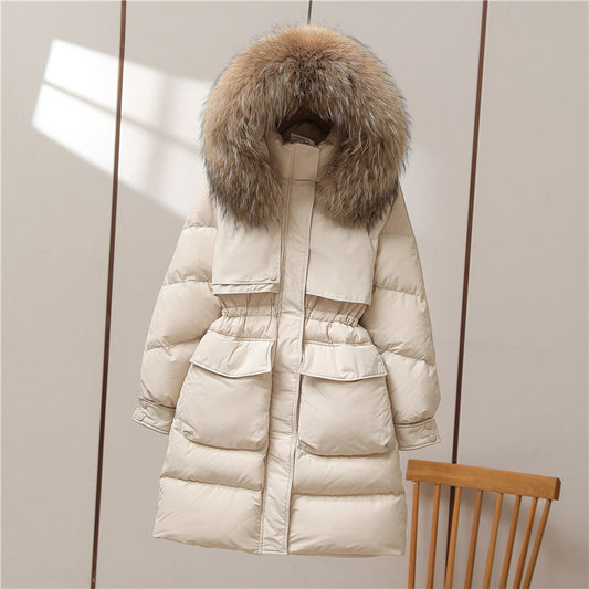 Abrigo de Pato Blanco con Cuello de Piel Acolchado Largo Invierno