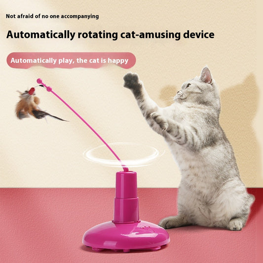Pink automatic cat toy with a rotating pole and a brown feather attachment, measuring 15cm high.