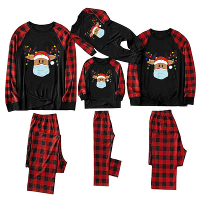 Matching family Christmas pajamas with grey tops, red plaid sleeves, and a reindeer wearing a Santa hat and face mask. - Image 2