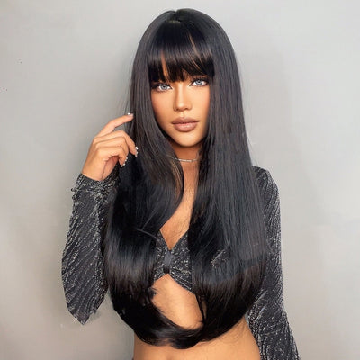 Peluca Larga Lisa Negra con Flequillo - Cabello Sintético Premium