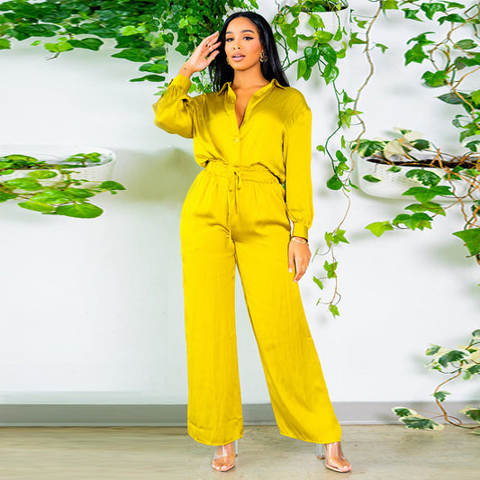 Conjunto Elegante de Blusa Manga Larga y Pantalón Ancho