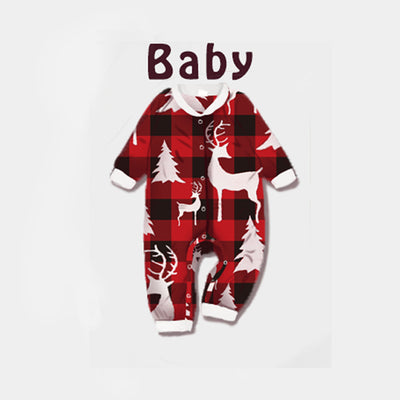 Women's Christmas pajama set with white raglan top featuring a red plaid deer head and matching red plaid pants with deer and trees. - Image 7