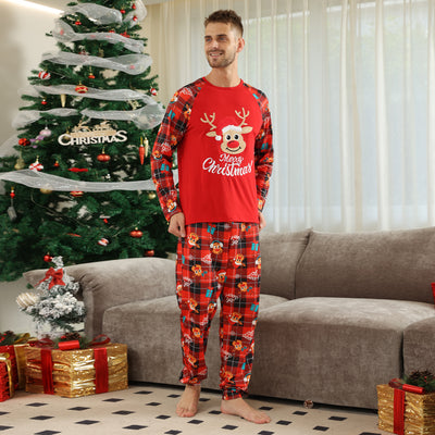 Family matching red Christmas pajamas with a cartoon reindeer and "Merry Christmas" text on a plaid background. - Image 12