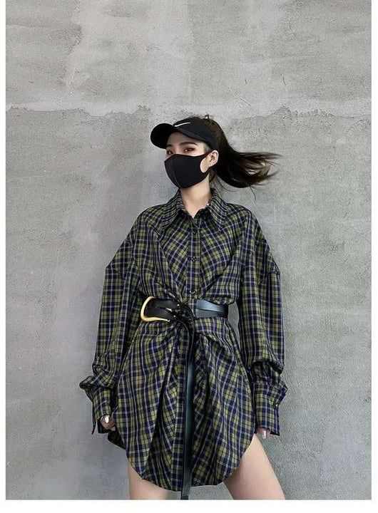 Vestido Camisero Retro Coreano Holgado Midi con Cinturón