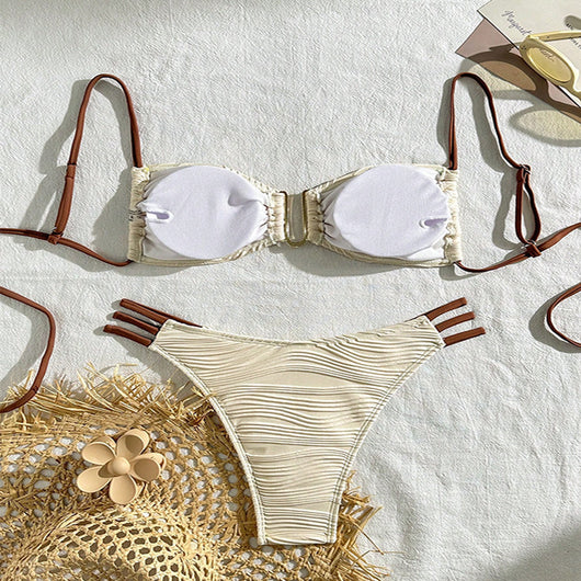 Neon green textured two-piece swimsuit with a bandeau top and high-cut bottom, featuring black straps and a gold clasp. - Image 2