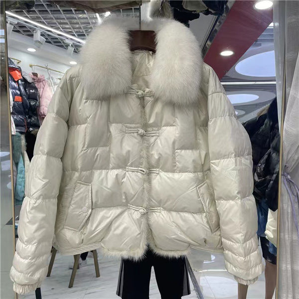 Chaqueta Térmica de Plumón de Pato Blanco con Cuello de Piel