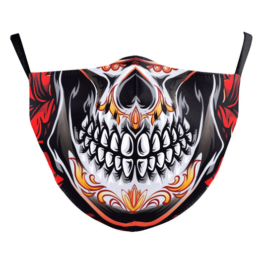 Digital printing dust mask with a funny ghost face and clown design, featuring a sugar skull pattern in red, yellow, and brown. - Image 13