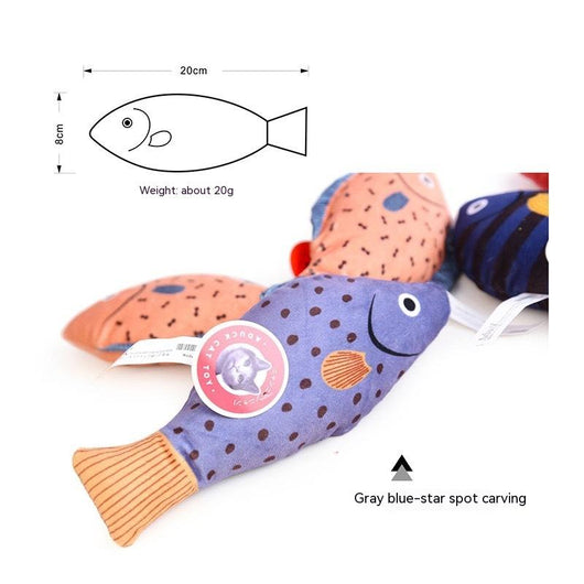 Orange fish-shaped plush catnip toy with blue fins and tail, held in a hand, with a small round tag. - Image 9