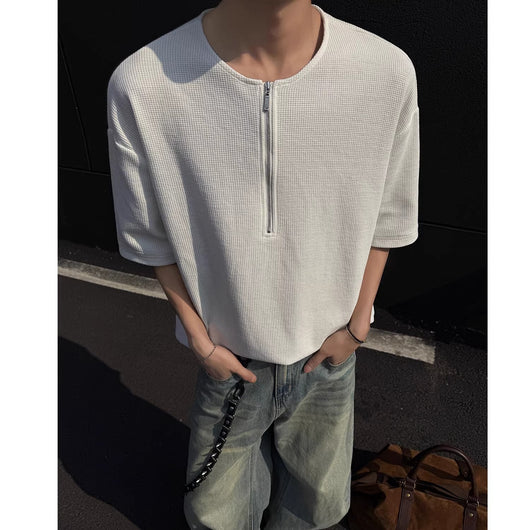 Playera Manga Corta Cuello Medio Cierre con Textura Waffle para Hombre - Image 4