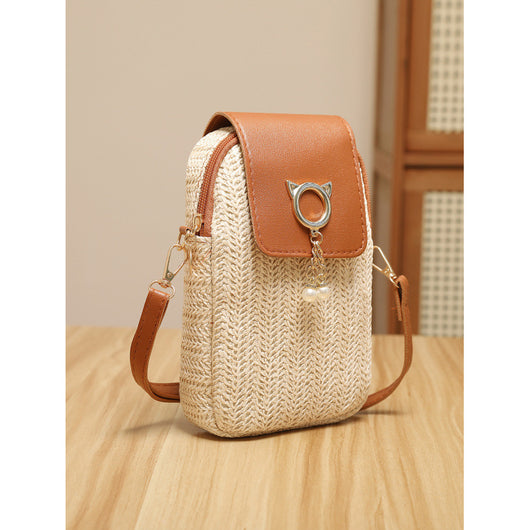 Bolsa para Teléfono de Paja con Perla y Borla Elegante - Image 3