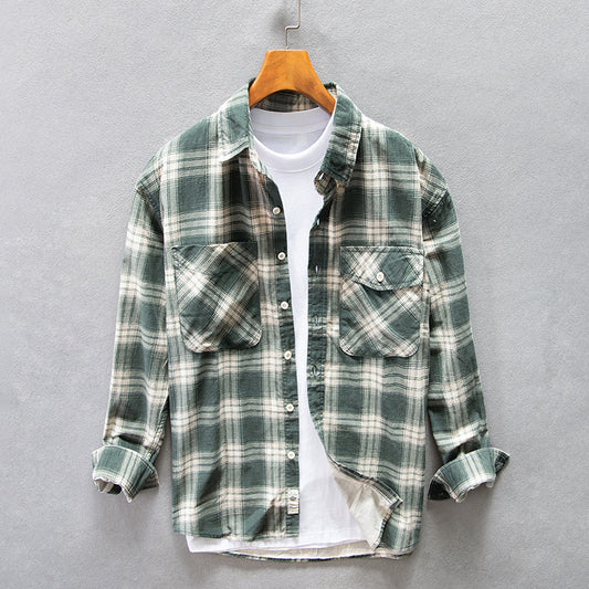 Camisa Cuadriculada de Algodón Puro para Hombre - Diseño Casual Holgado y Abrigo Reforzado - Image 2