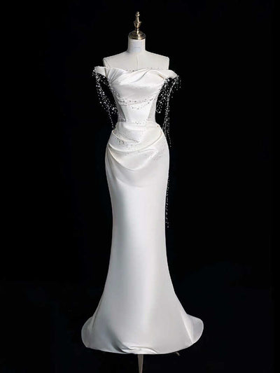 Vestido de Fiesta Satinado Hombros Descubiertos con Perlas - Image 3