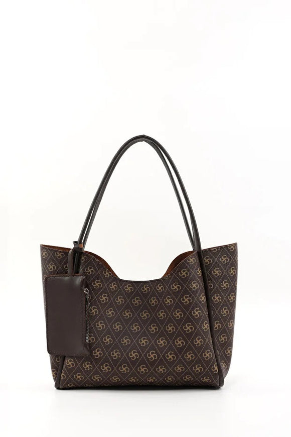 Bolso de Cuero Sintético Monogram Brown con Cartera y Neceser Incluido