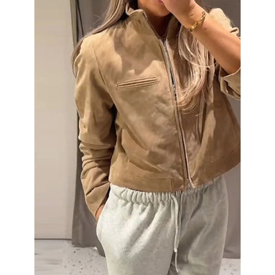 Chaqueta de Gamuza Marrón para Primavera con Cuello de Pie y Cierre - Image 14