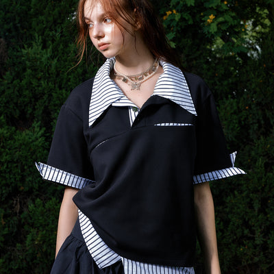 Playera Suelta a Rayas con Efecto Dos Piezas - Manga Corta Versátil - Image 13