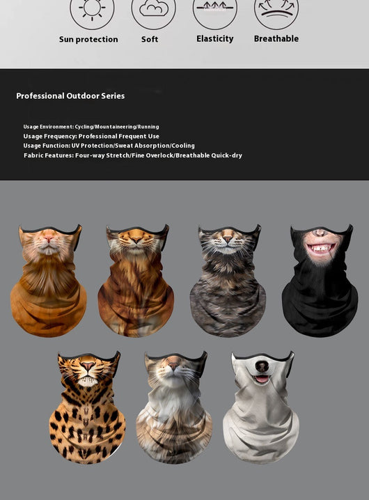 Yellow cat face ice silk neck gaiter with ear loops, designed for sun protection during outdoor sports like cycling. - Image 15