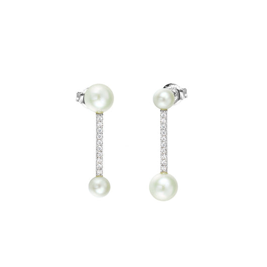 Aretes de Plata Esterlina con Perla y Diseño Geométrico Minimalista - Image 3