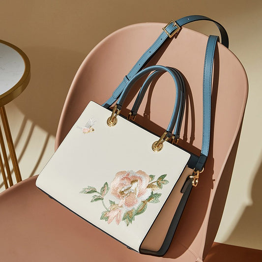Bolso Portátil de Cuero Bordado para Mujer