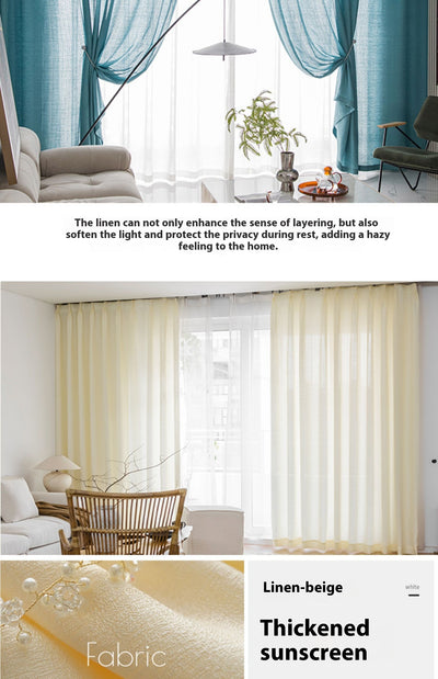 White translucent thickened sunscreen curtain made of hemp yarn with grommet top, hanging in a modern window. - Image 14