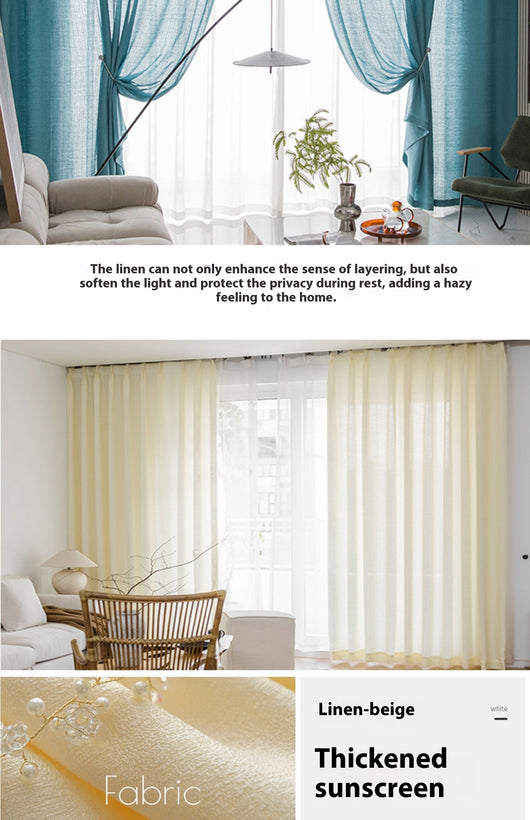 White translucent thickened sunscreen curtain made of hemp yarn with grommet top, hanging in a modern window. - Image 14
