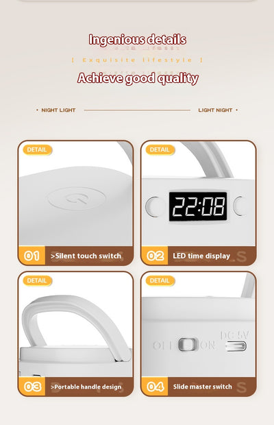 White rechargeable LED table lamp with a digital clock display and a light gray carrying handle. - Image 8