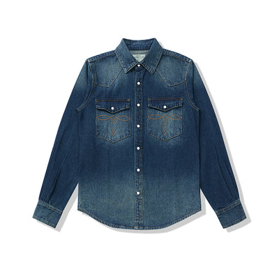 Camisa Denim Lavado Floral con Bolsillo Frontal - Image 3
