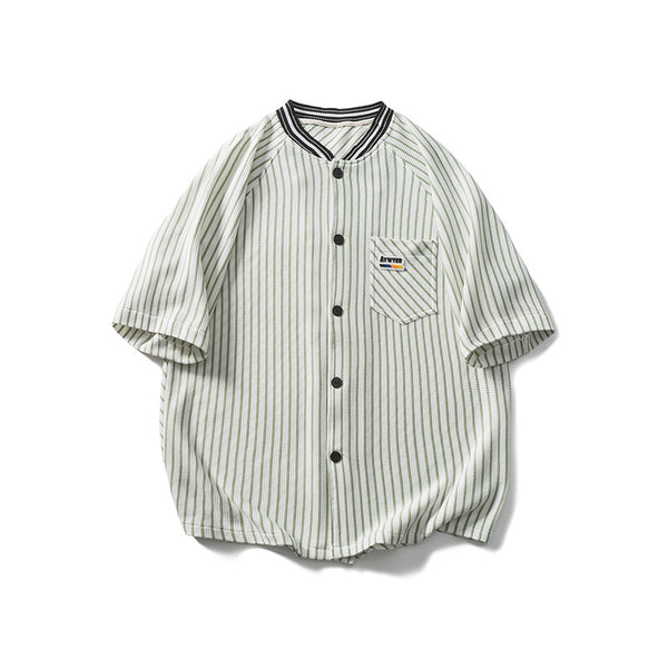 Camisa Vintage de Rayas Verticales Cuello Redondo Manga Corta - Image 4