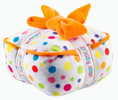 Plush pet toy shaped like a white gift box with colorful polka dots, an orange bow, and "HAPPY BIRTHDAY" ribbon. - Image 7