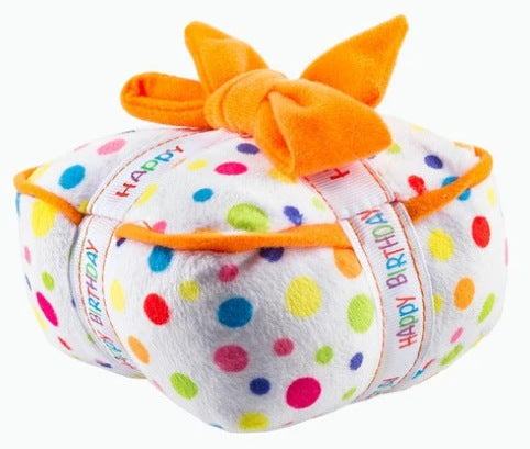 Plush pet toy shaped like a white gift box with colorful polka dots, an orange bow, and "HAPPY BIRTHDAY" ribbon. - Image 7
