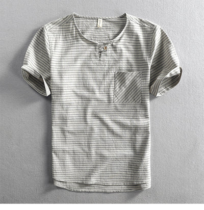 Camiseta Hombre Algodón Rayas Cuello Abierto Manga Corta Suelta Casual - Image 22