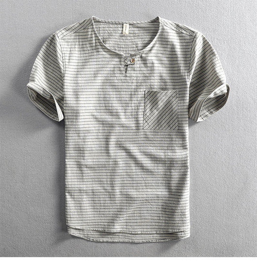 Camiseta Hombre Algodón Rayas Cuello Abierto Manga Corta Suelta Casual - Image 22
