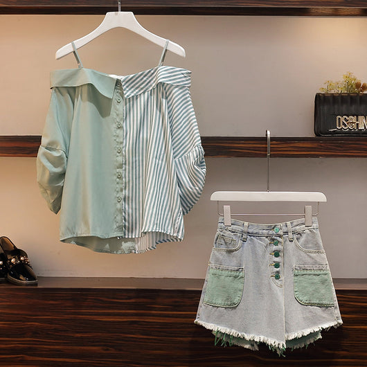 Conjunto de Short Denim Hombro Descubierto con Manga Corta - Image 10