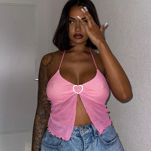 Top Halter Mesh Rosa Sexy con Detalles de Costura en el Pecho - Image 11