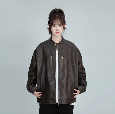 Chaqueta de Cuero PU Estilo Retro con Remaches - Diseño Vintage Desgastado - Image 10