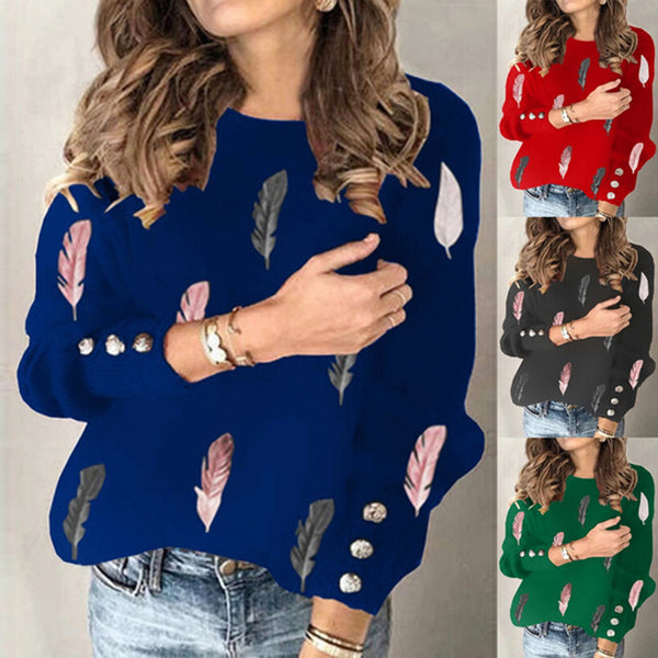 Suéter Tejido Cuello Redondo con Estampado de Plumas para Mujer
