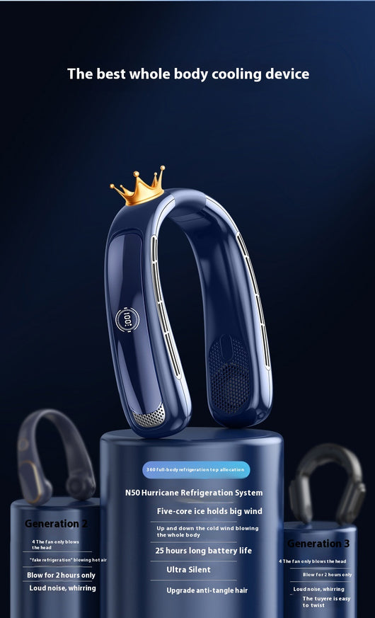 Light blue U-shaped neck fan with a digital display showing 100% charge and multiple air vents. - Image 22